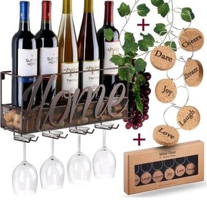 Metal Wine Rack with Glass Holder - Brown